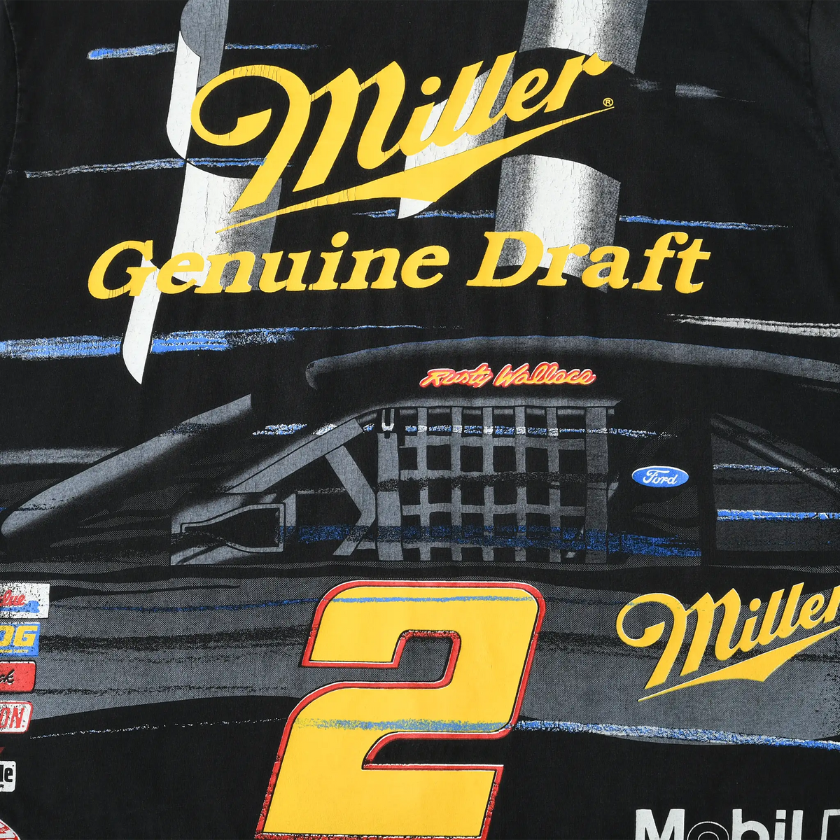 Close-up of back print with Miller Genuine Draft lettering and No. 2 race car detail