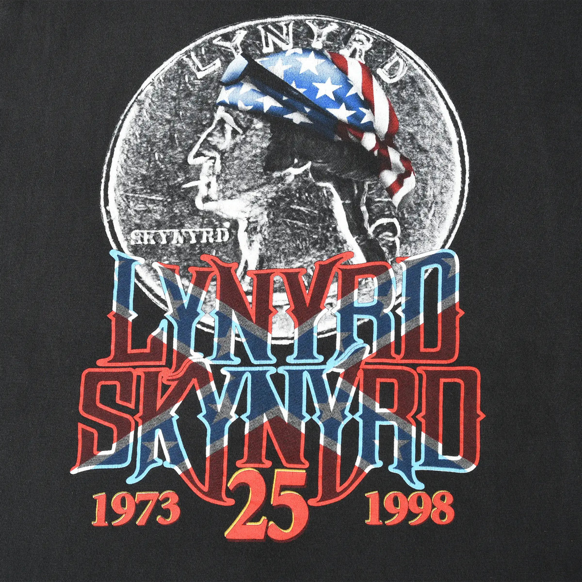 Close-up of Lynyrd Skynyrd 25th anniversary front print in red, white, and blue with 1973–1998 dates