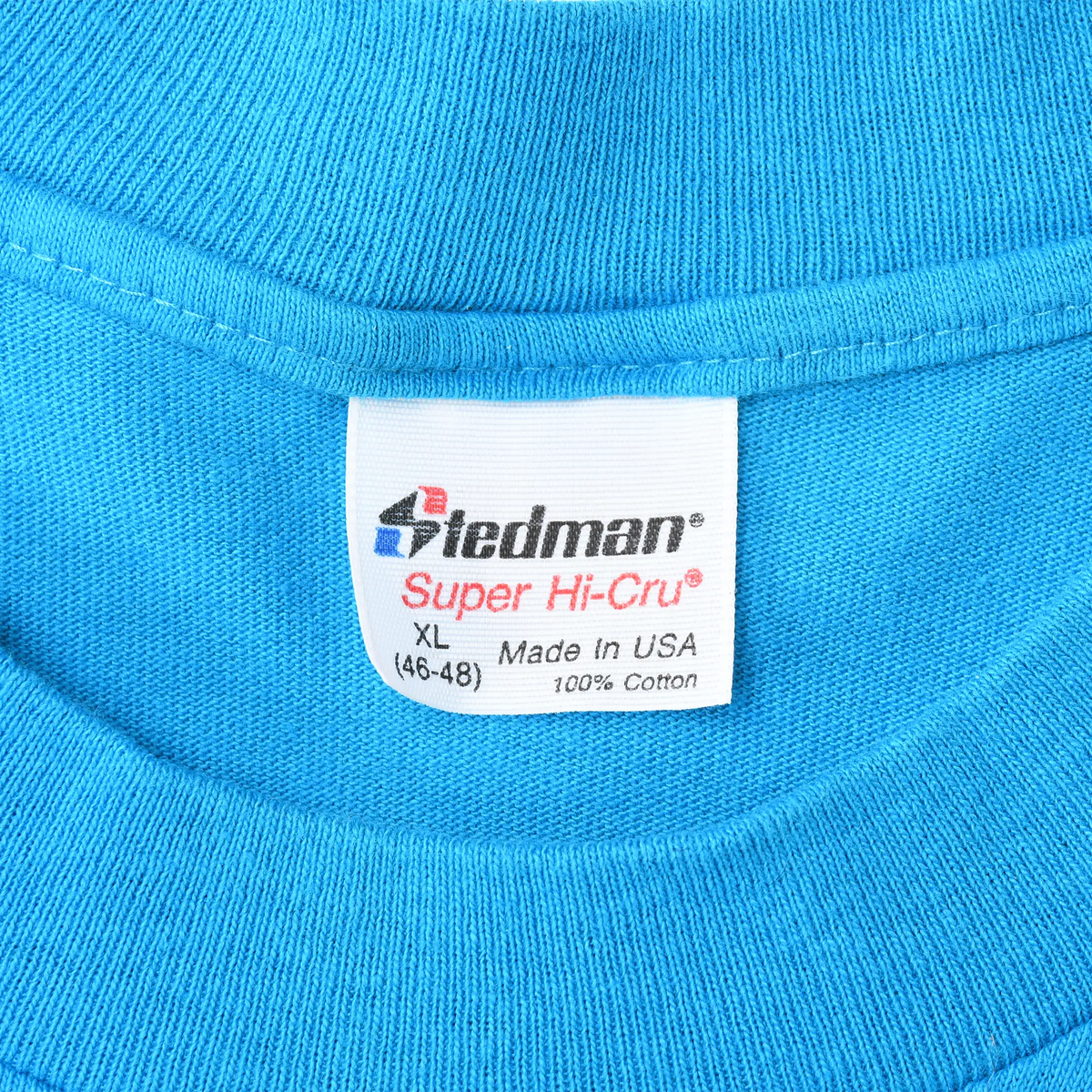 Stedman Super Hi-Cru neck tag marked XL, 100% cotton, and Made in USA