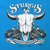 Sturgis 50th Anniversary 1990 graphic with steer skull and motorcycles on blue fabric
