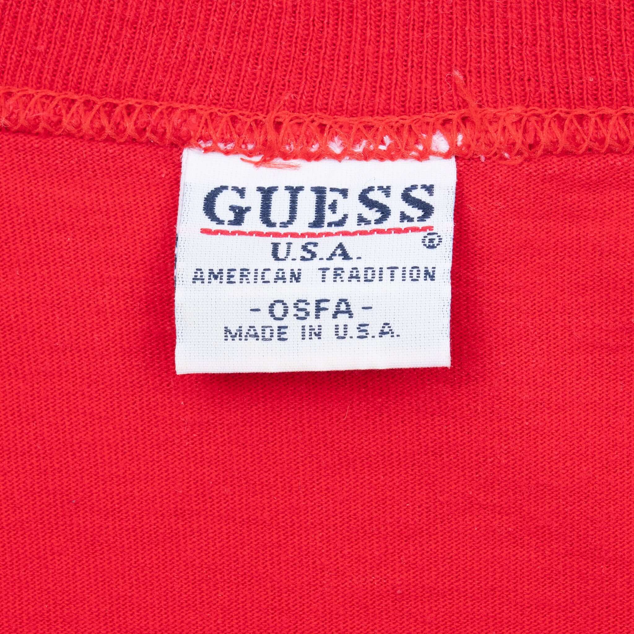 Vintage Guess Jeans Embroidered Red Tee Shirt 1990S Size Large Made In USA