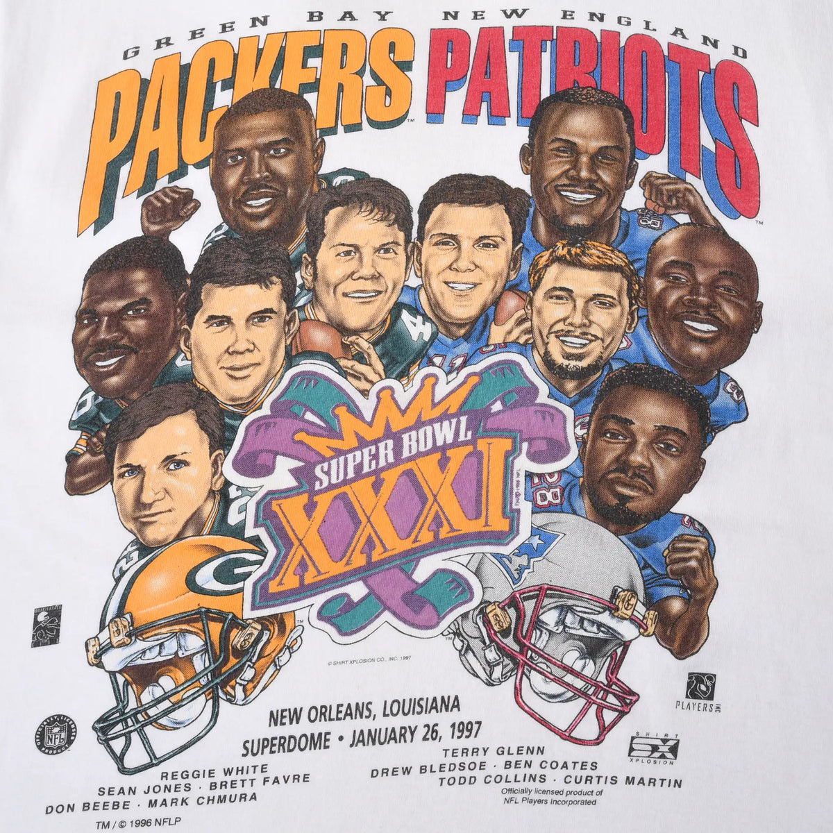 Close-up of Packers vs. Patriots Super Bowl XXXI print with players, helmets and New Orleans details