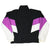 Back of black Nike windbreaker with purple and white color-block sleeves