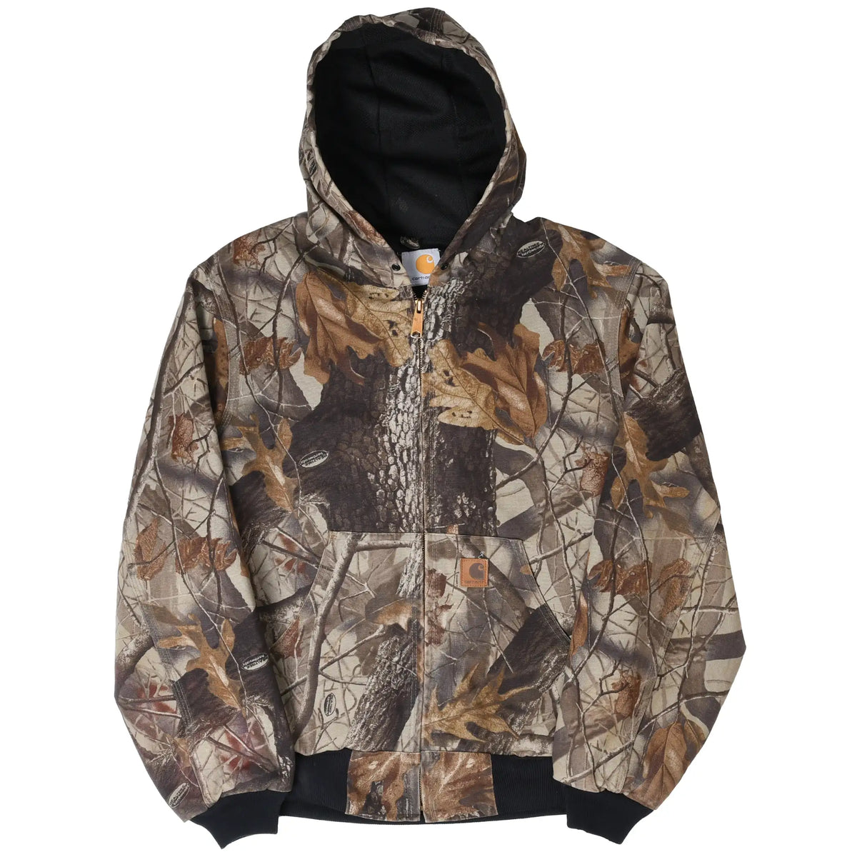 Front of Carhartt Realtree Hardwoods camo Active Jacket showing zipper and pouch pockets