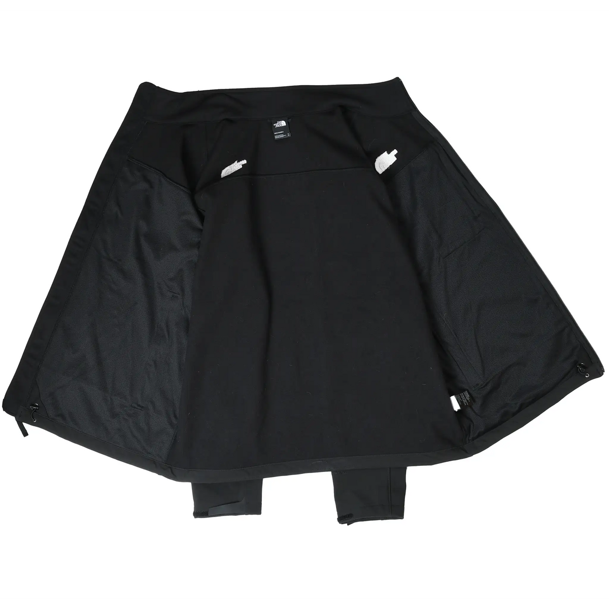 Open black The North Face jacket showing fleece lining, mesh side panels, and interior pockets