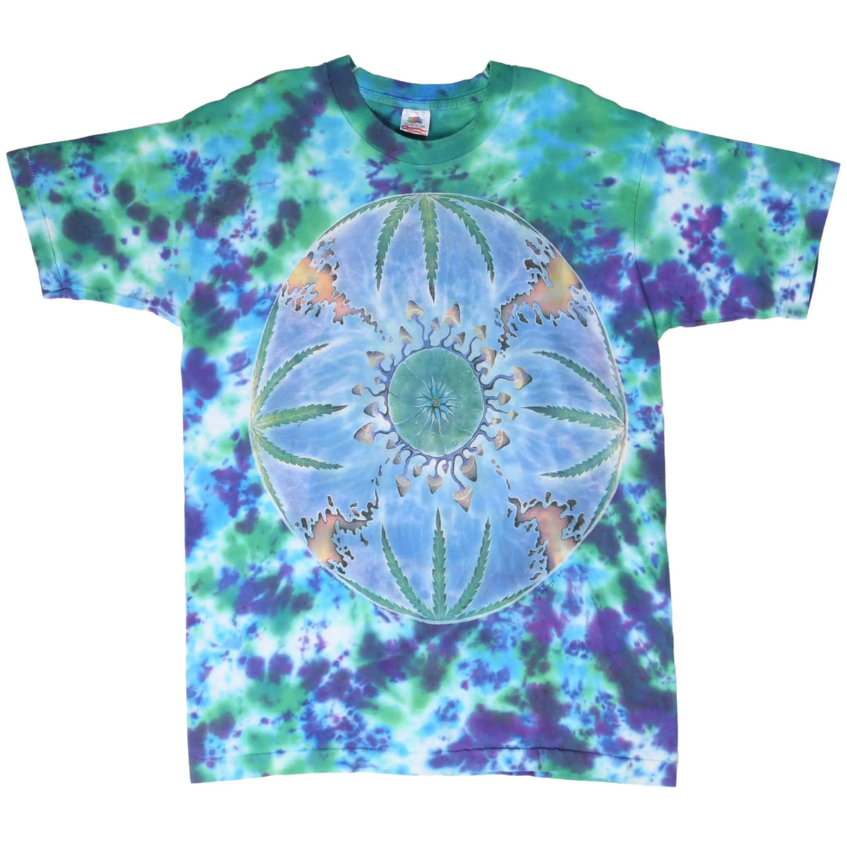 Full front of tie-dye T-shirt with circular cannabis leaf, mushroom, and sun graphic