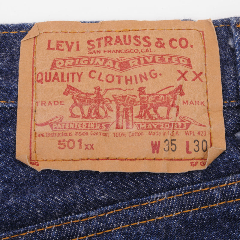 Beautiful Indigo Levis 501 Jeans 1980s Made in USA with Very Dark Wash   Size on tag 35X30 Actual Size 32X28 Back Button #552