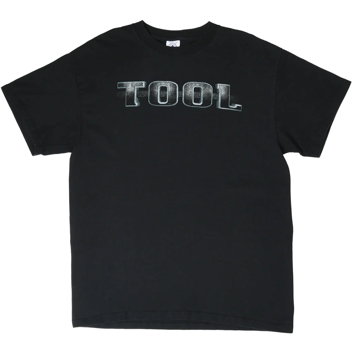 Full front view of black Tool band T-shirt with distressed silver chest logo