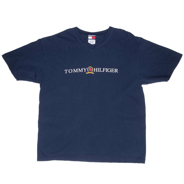 Vintage Tommy Hilfiger Blue V Neck Tee Shirt 1990S Size Large