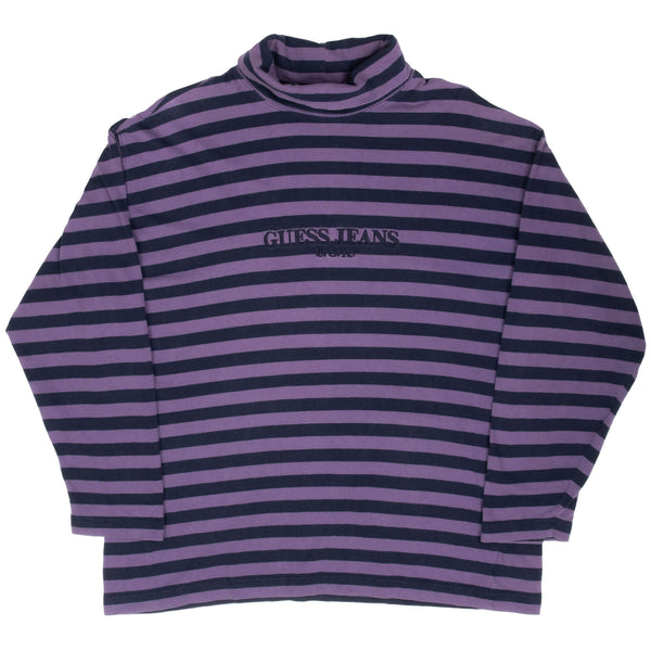 Vintage Guess Jeans Usa Striped Turtle Neck Long Sleeve Tee Shirt 1990S Size Large Made In USA