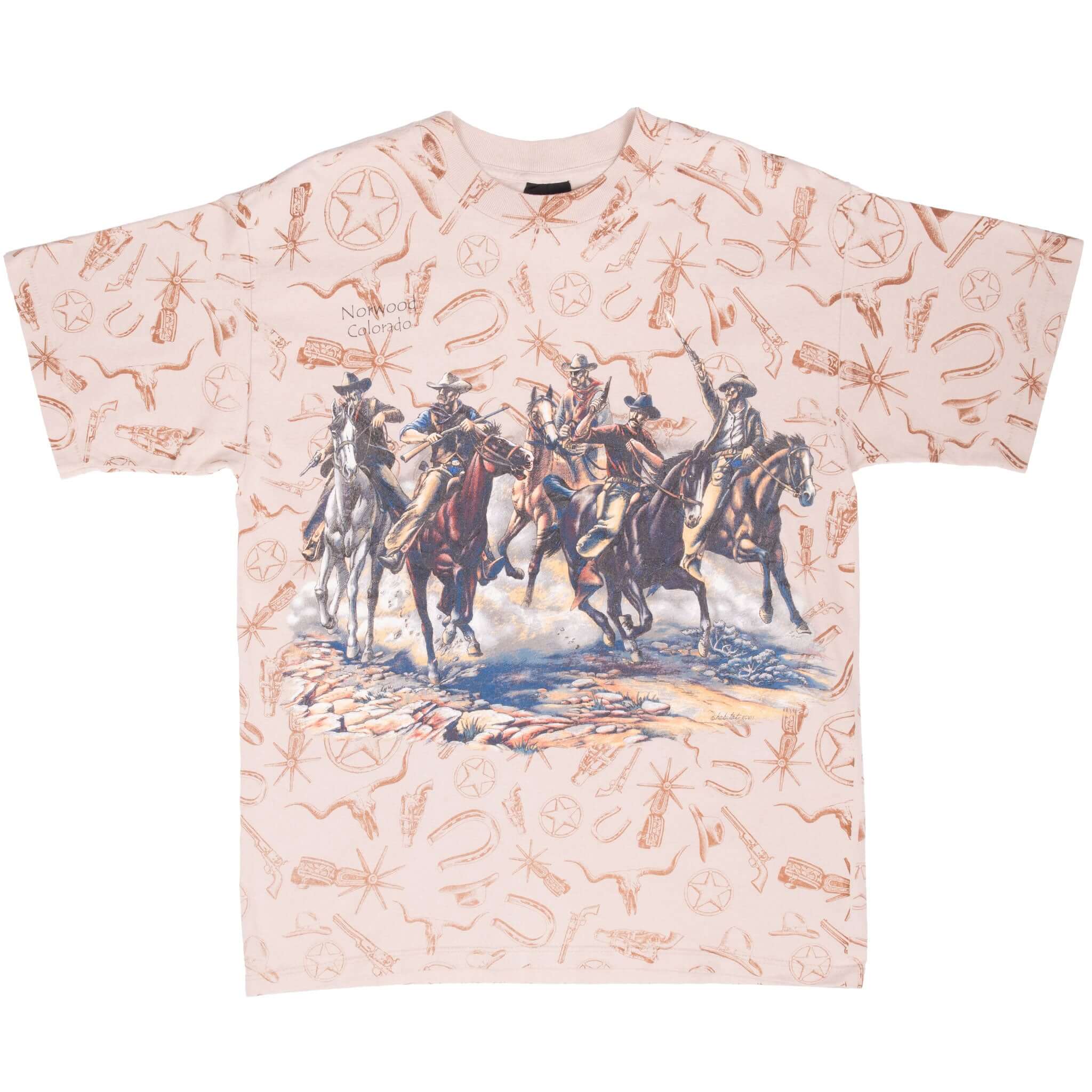 Vintage All Over Print Cowboy Norwood Colorado 1997 Tee Shirt Size Large Made In Usa With Single Stitch Sleeves