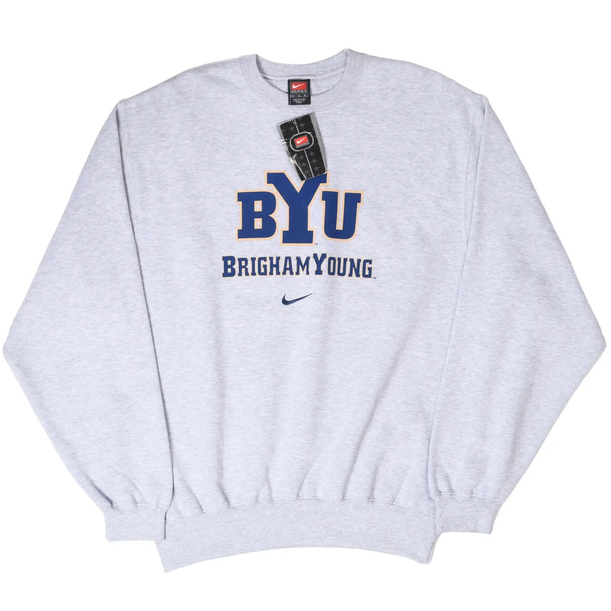 Front of grey Nike BYU Cougars crewneck sweatshirt with hangtag attached at collar