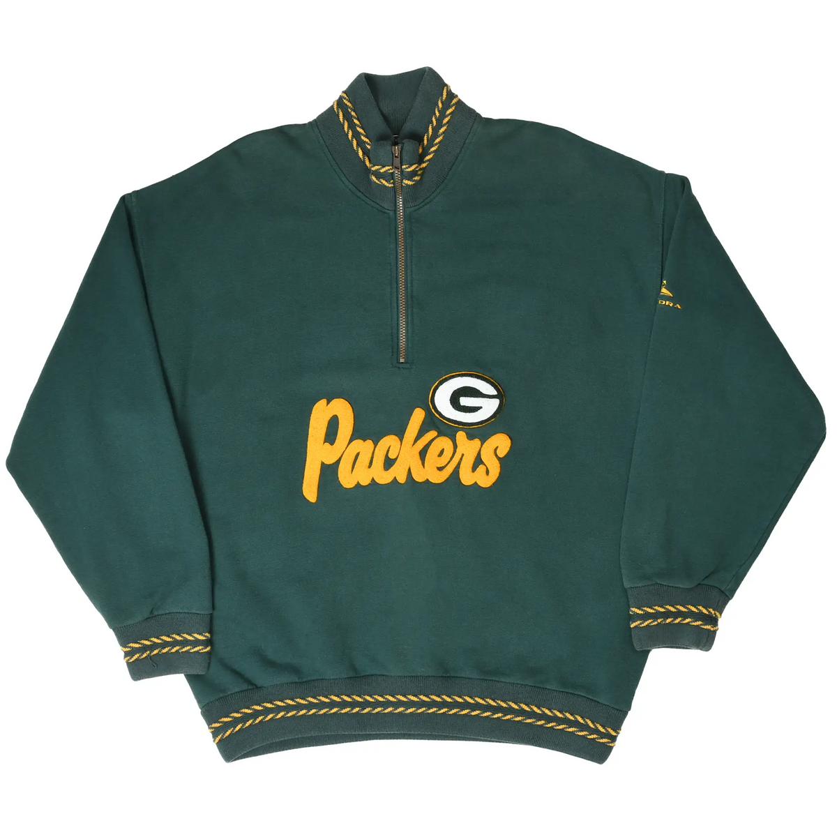 Front view of green Packers quarter-zip sweatshirt with chest embroidery and striped trim
