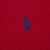 Close-up of navy Polo pony embroidery on red knit fabric
