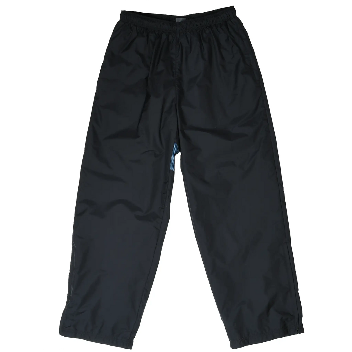 Front of black Nike track pants with elastic waist and cuffs