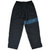 Back of black Nike track pants with blue mesh stripe and white Swoosh