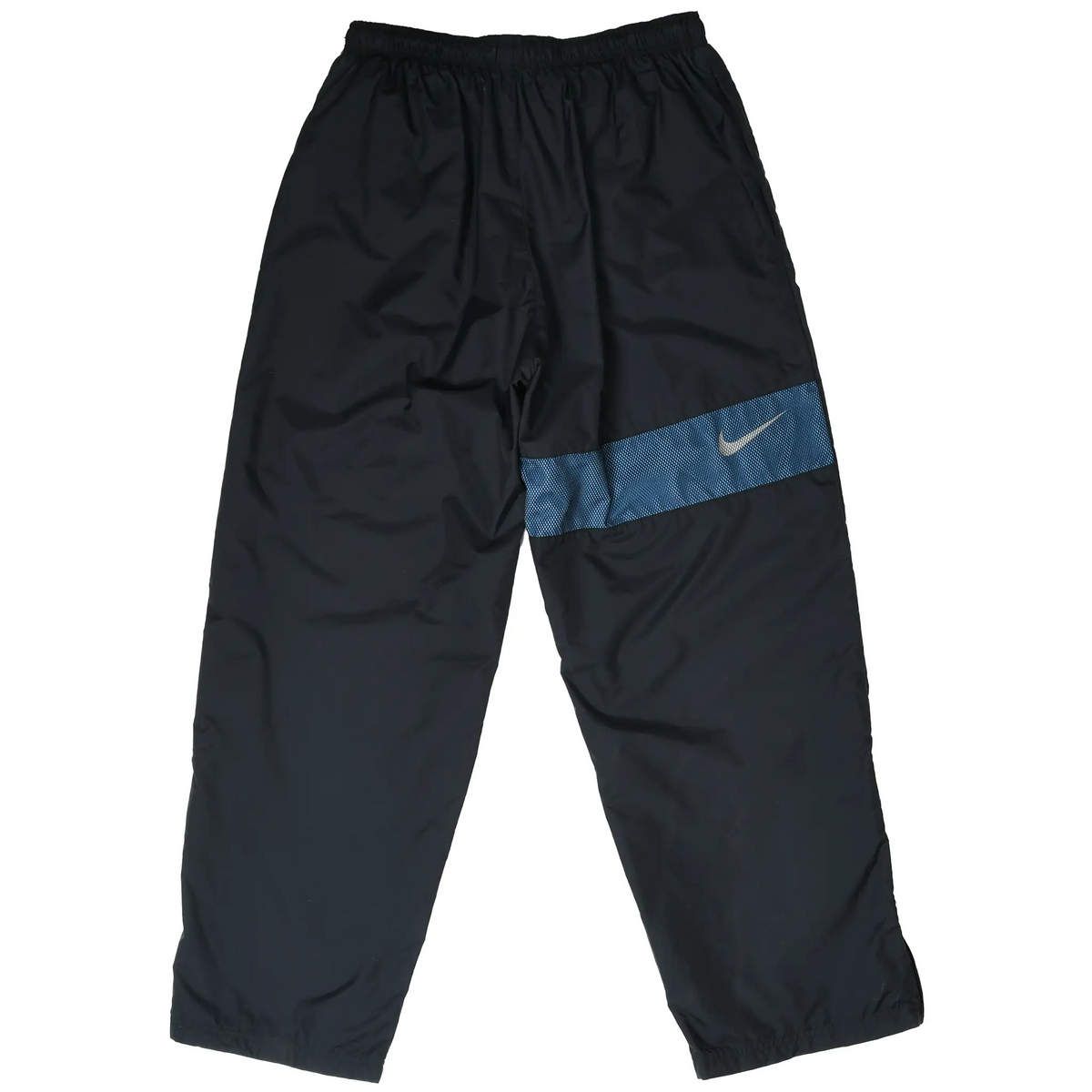 Back of black Nike track pants with blue mesh stripe and white Swoosh
