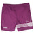 Front of purple Adidas swim trunks with white logo, three stripes, and partial Trefoil graphic
