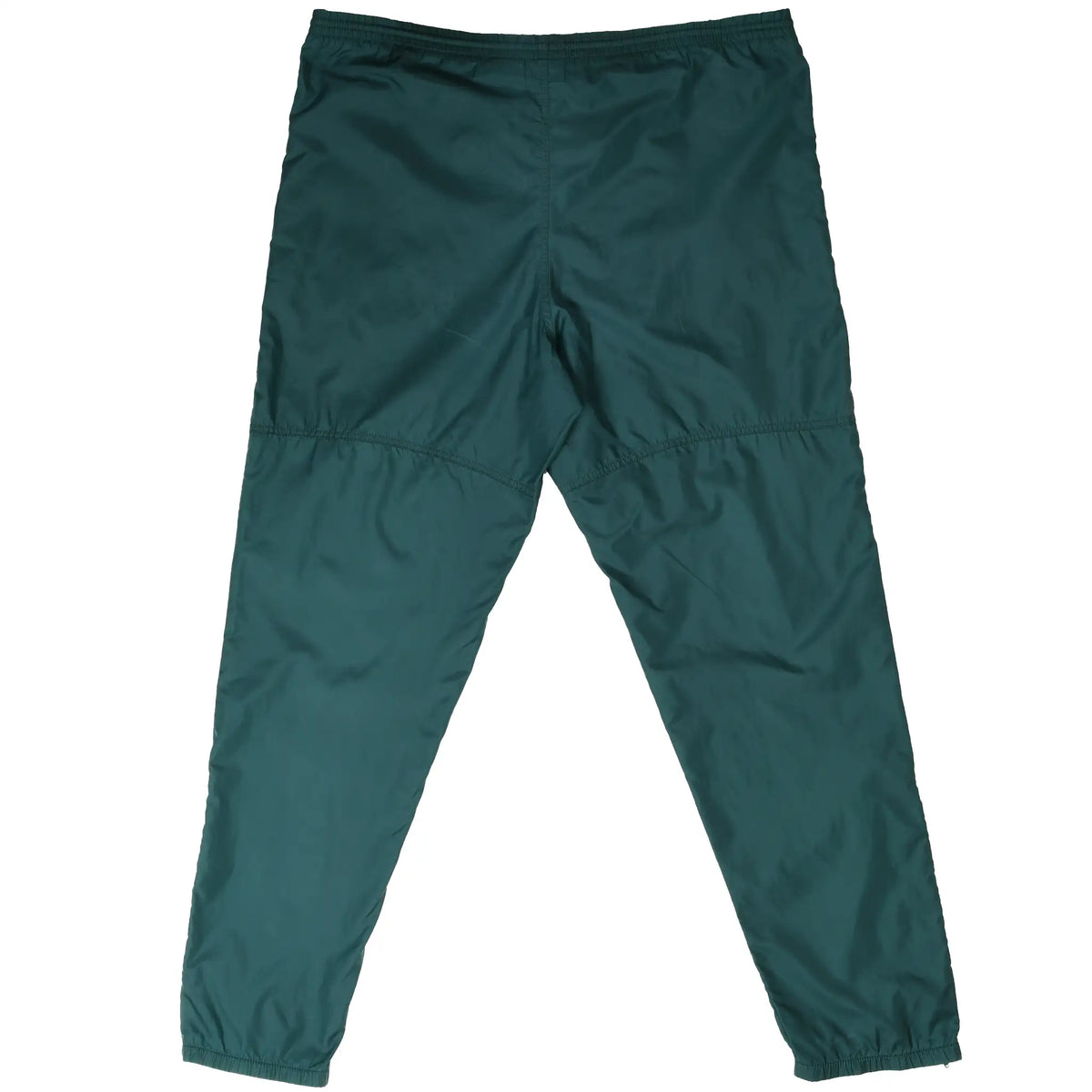 Back of dark green Nike nylon track pants with elastic waistband and cuffs