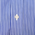 Close-up of white button on blue and white striped Ralph Lauren shirt fabric