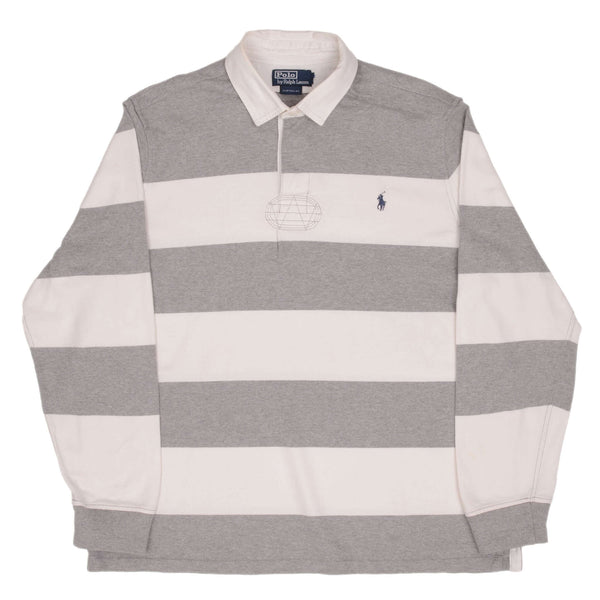 Vintage Ralph Lauren Grey & White Striped Rugby Polo Shirt 1990S Size XL