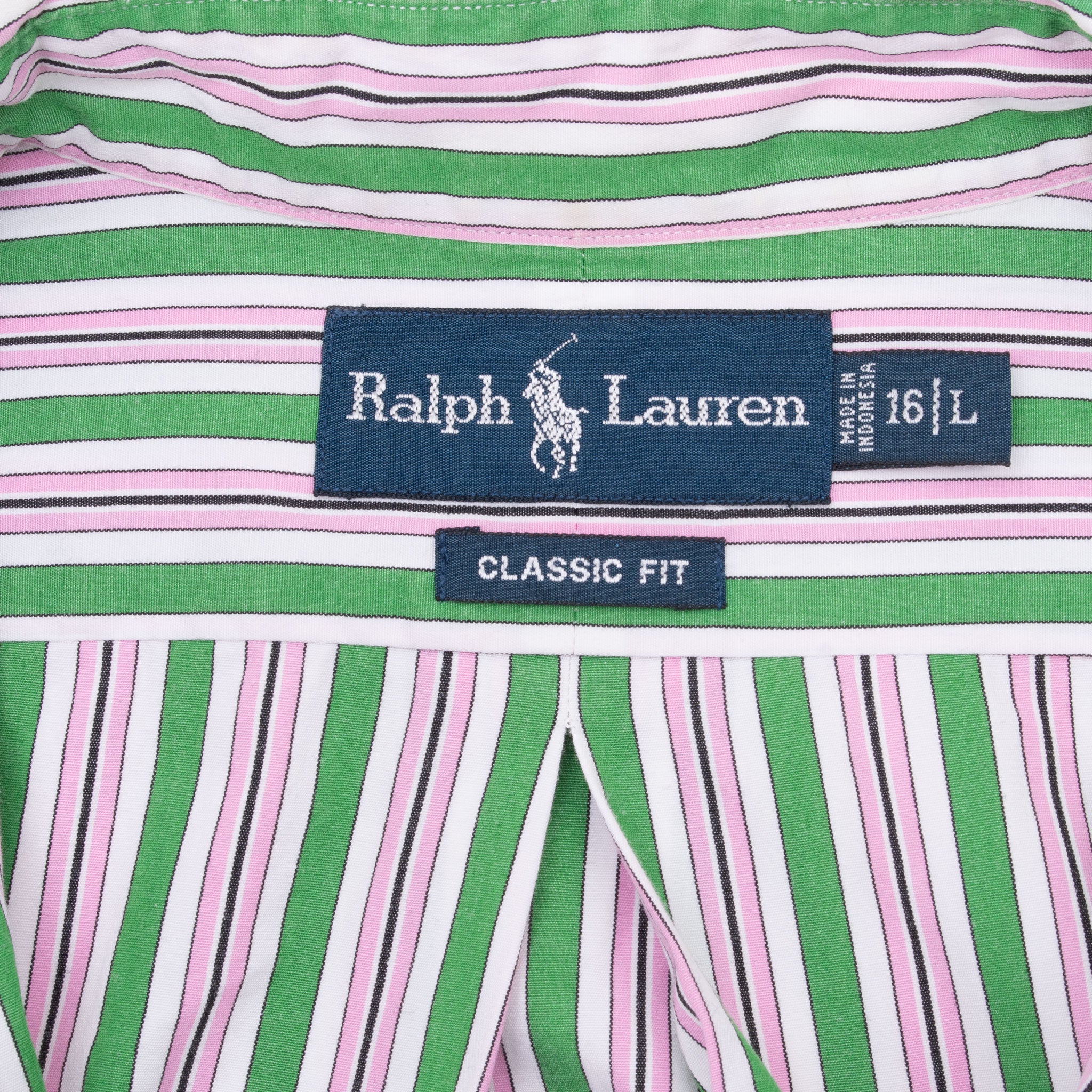 Vintage Ralph Lauren Classic Pink Green Striped Shirt 1990S Size Large