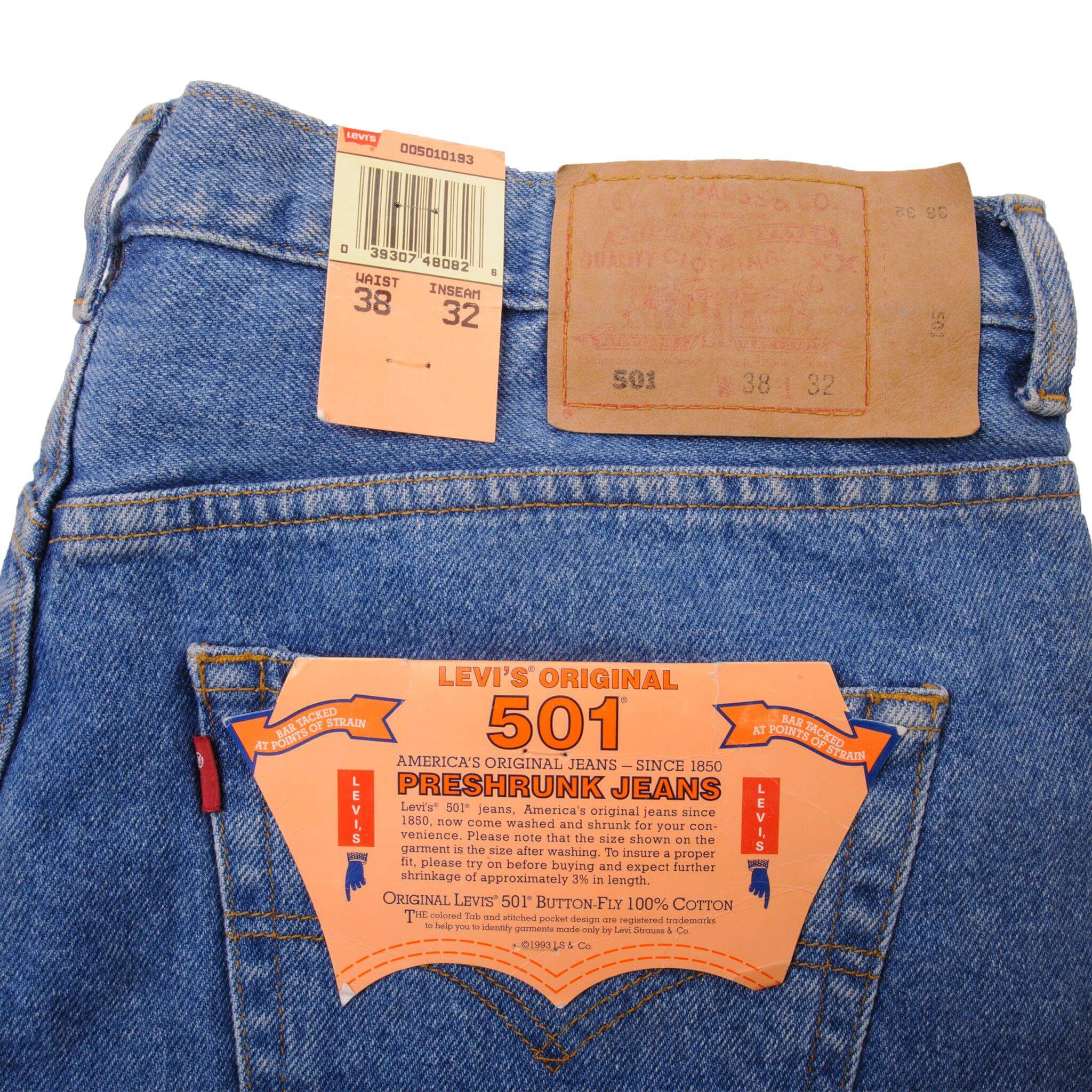 Beautiful Blue Levis 501 Jeans 1993   Size on Tag 38X32  Back Button #913
