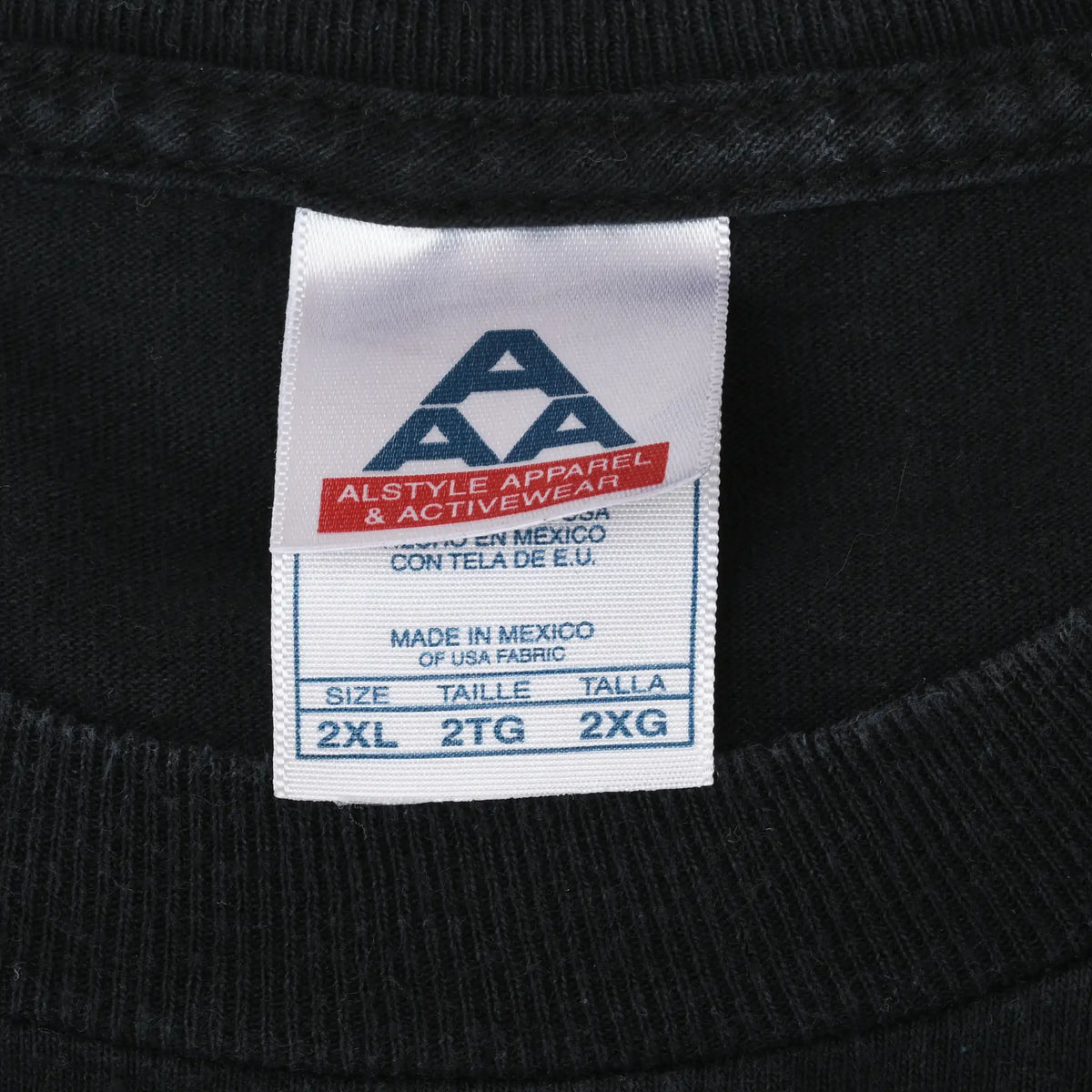 Alstyle Apparel & Activewear neck tag marked 2XL inside black T-shirt