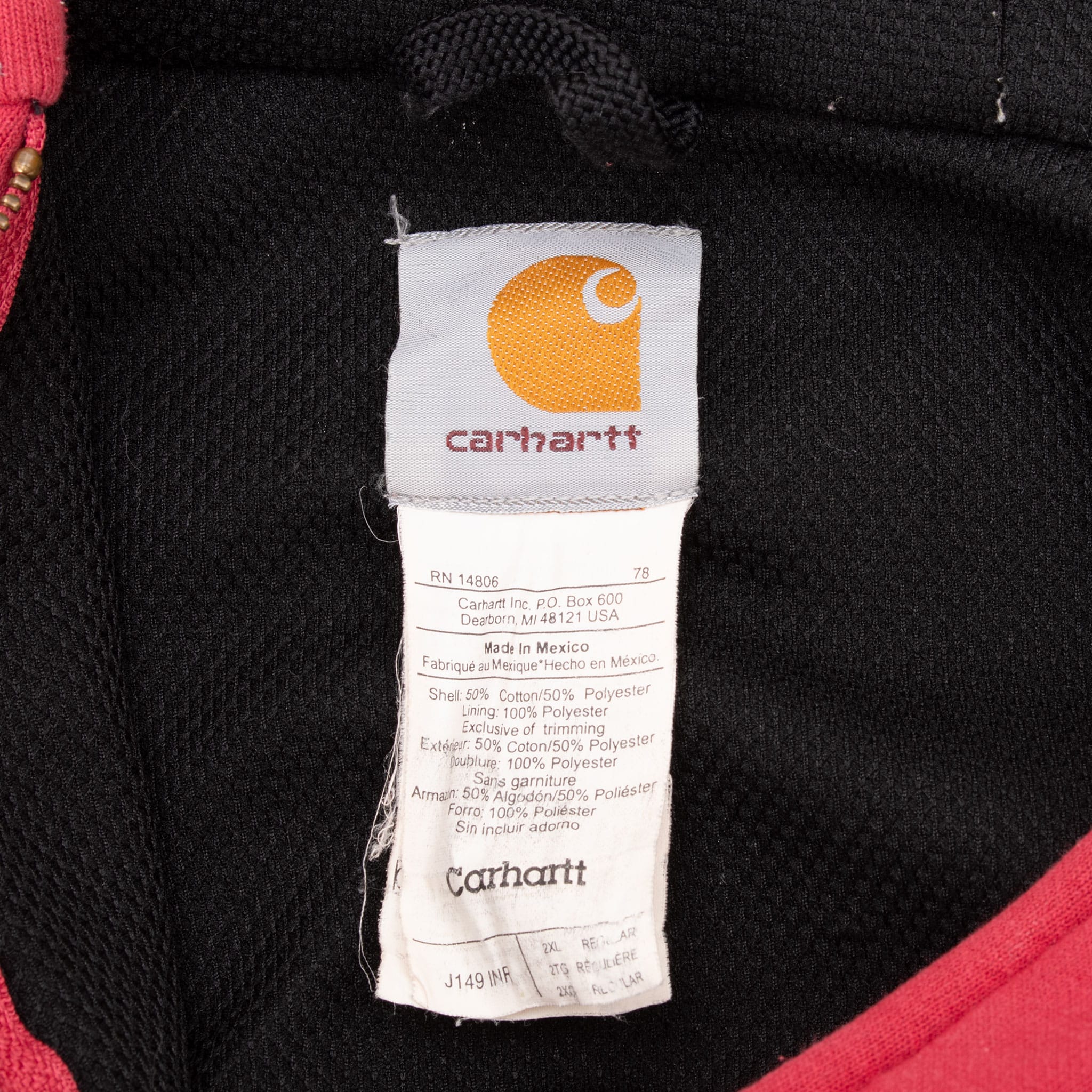 Vintage Carhartt Heavyweight Lined Full Zip Red Hoodie Sweatshirt Size 2Xl