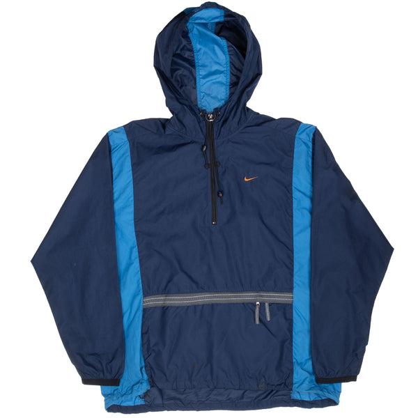 Vintage Nike Classic Swoosh Blue Pullover Windbreaker Hooded Jacket 1990S Size XL