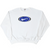 Full front of white Nike crewneck sweatshirt with blue and black oval Swoosh graphic