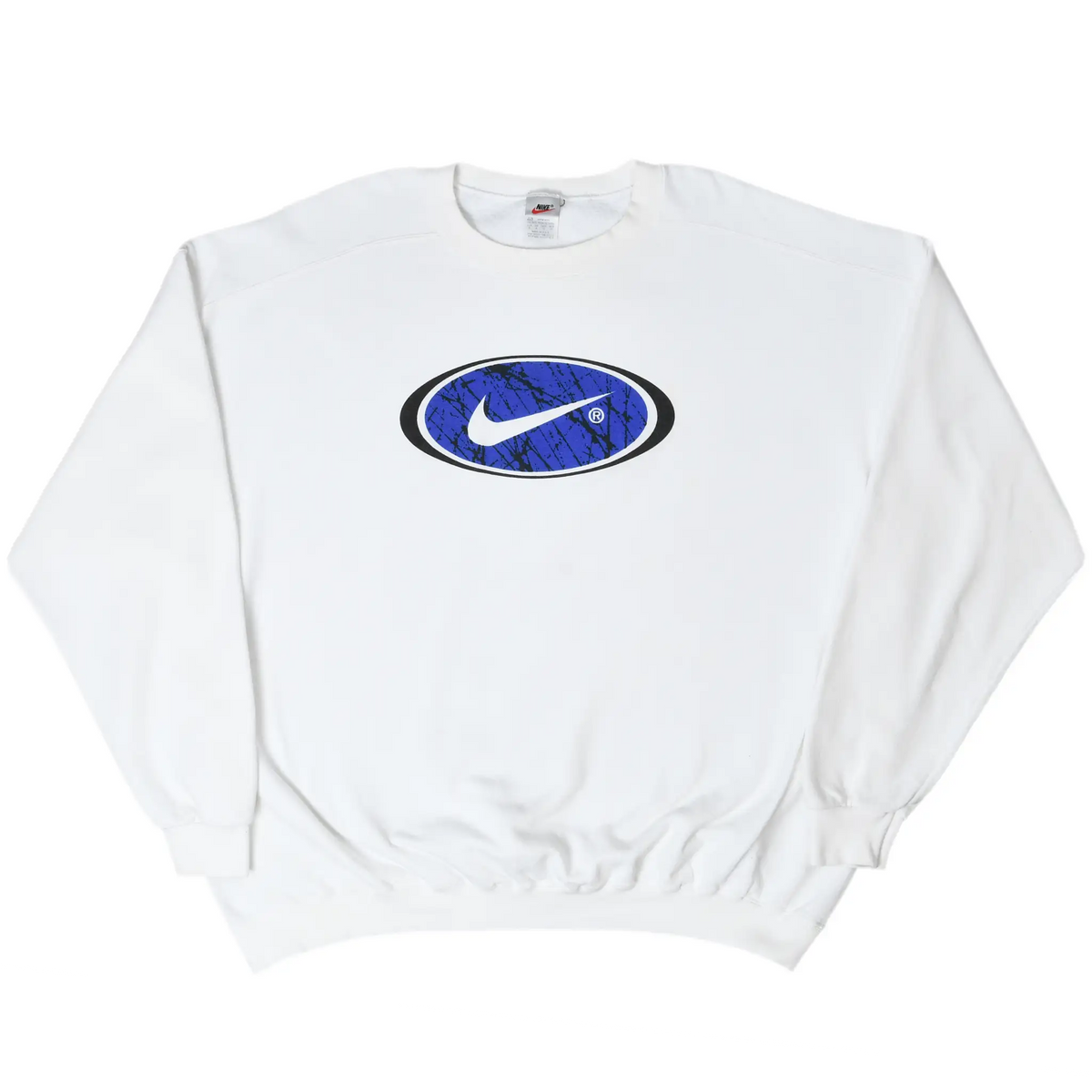 Full front of white Nike crewneck sweatshirt with blue and black oval Swoosh graphic
