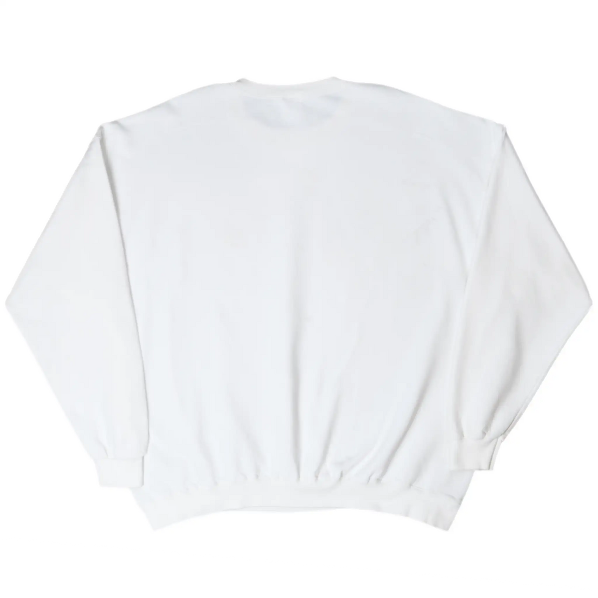 Back of plain white Nike crewneck sweatshirt with ribbed cuffs and waistband