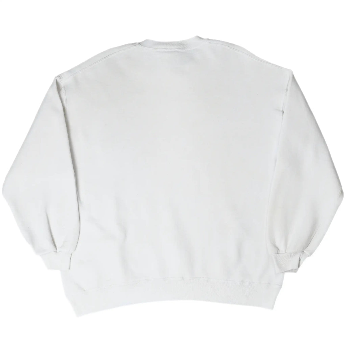 Back of plain white crewneck sweatshirt with ribbed cuffs and hem