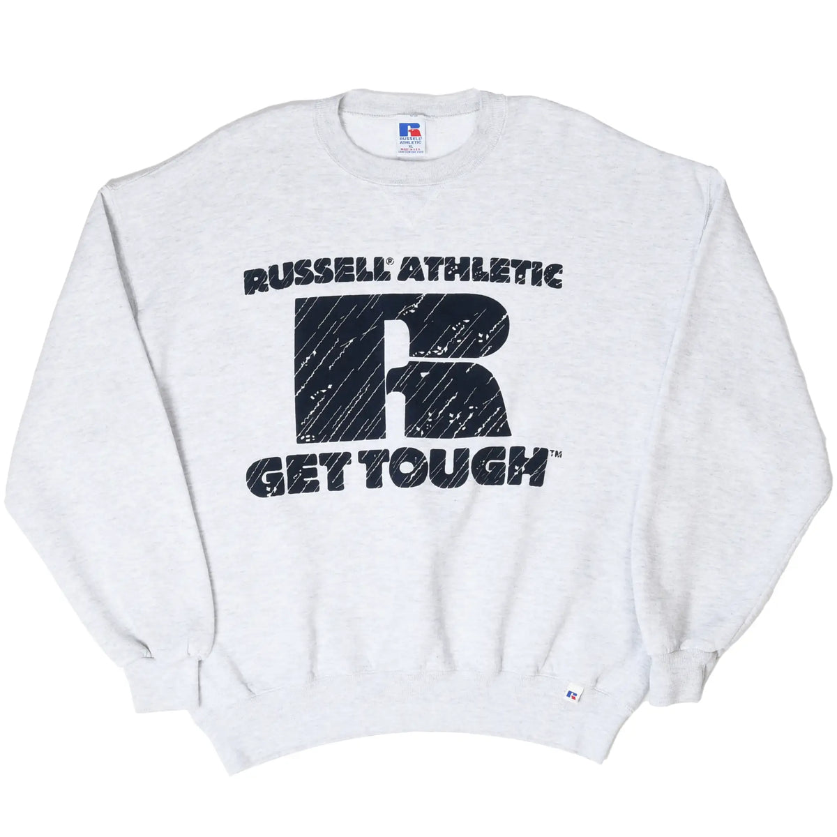 Full front view of grey Russell Athletic sweatshirt with black Get Tough print