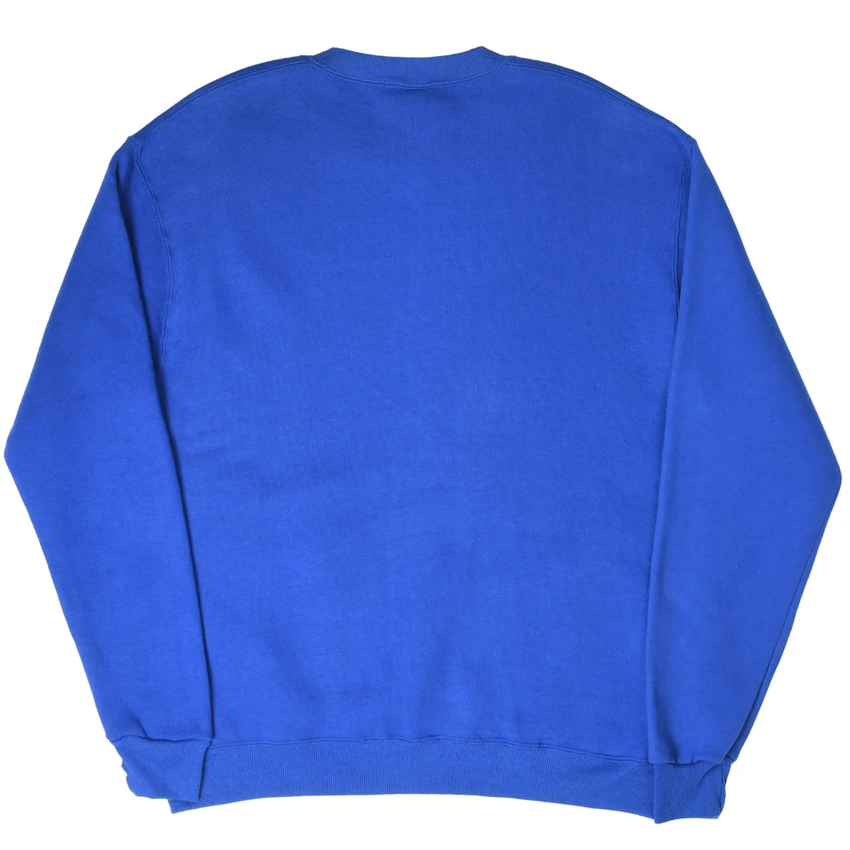 Back of blue Russell Athletic blank crewneck sweatshirt with ribbed cuffs and hem