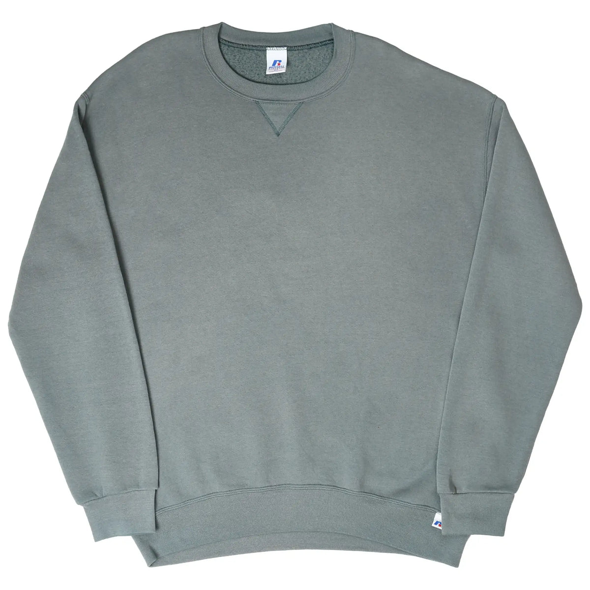 Full front view of muted green-gray Russell Athletic blank sweatshirt