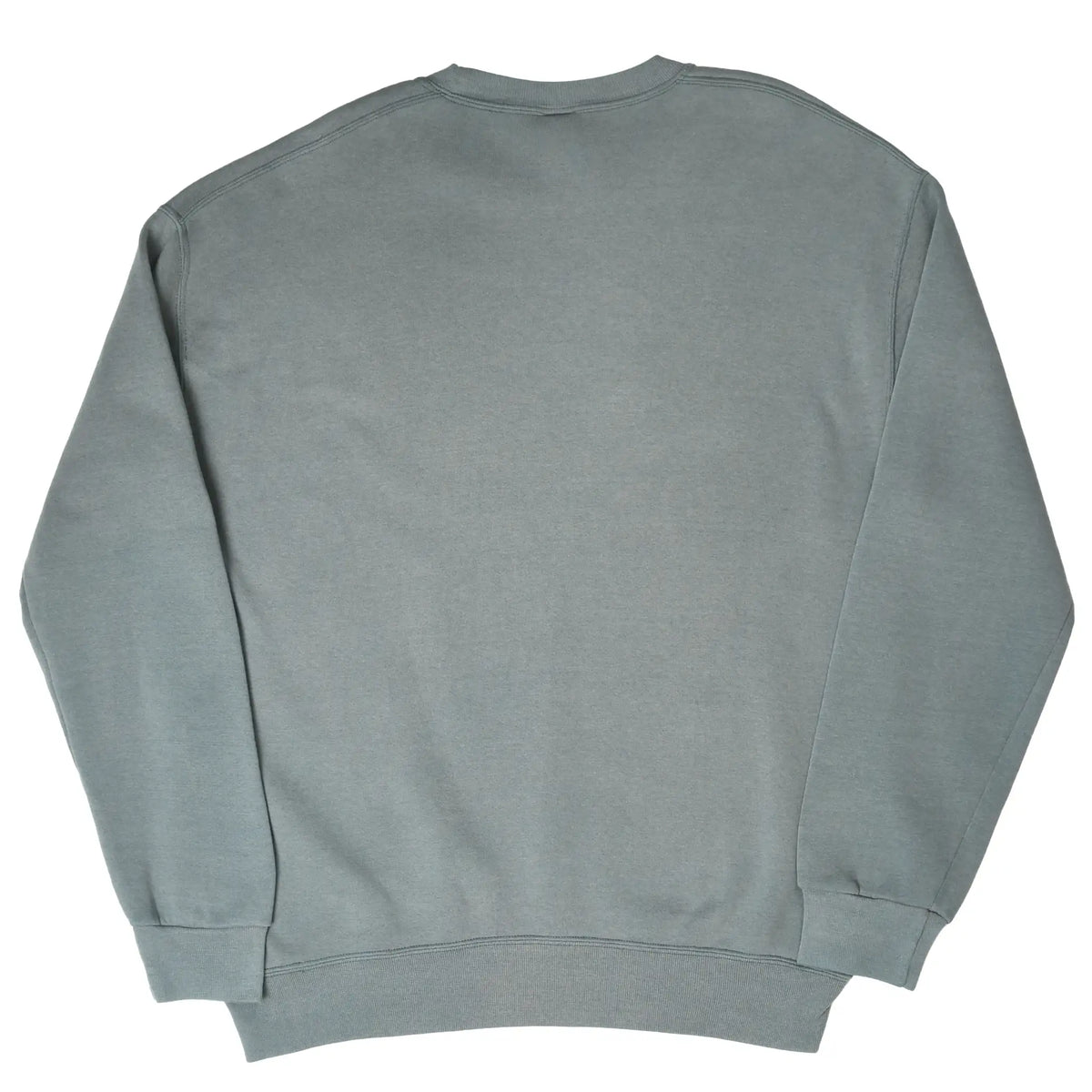 Back of blank Russell Athletic crewneck sweatshirt in muted green-gray
