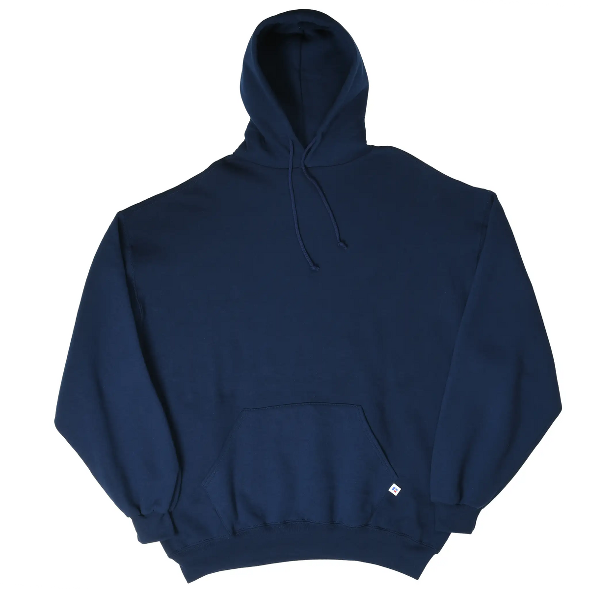 Full front view of navy blue Russell Athletic pullover hoodie laid flat