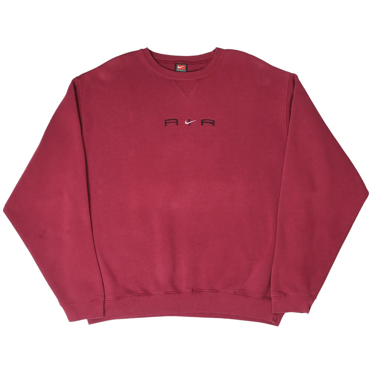 Full front of burgundy Nike Air crewneck sweatshirt with centered chest embroidery