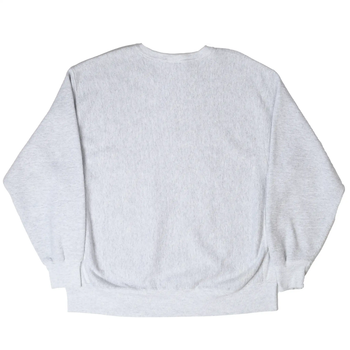 Back of plain gray crewneck sweatshirt with ribbed cuffs and waistband