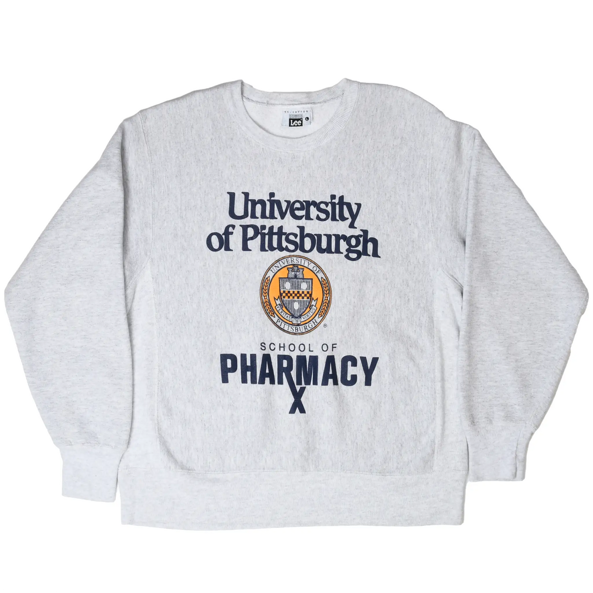 Full front of gray University of Pittsburgh School of Pharmacy crewneck sweatshirt