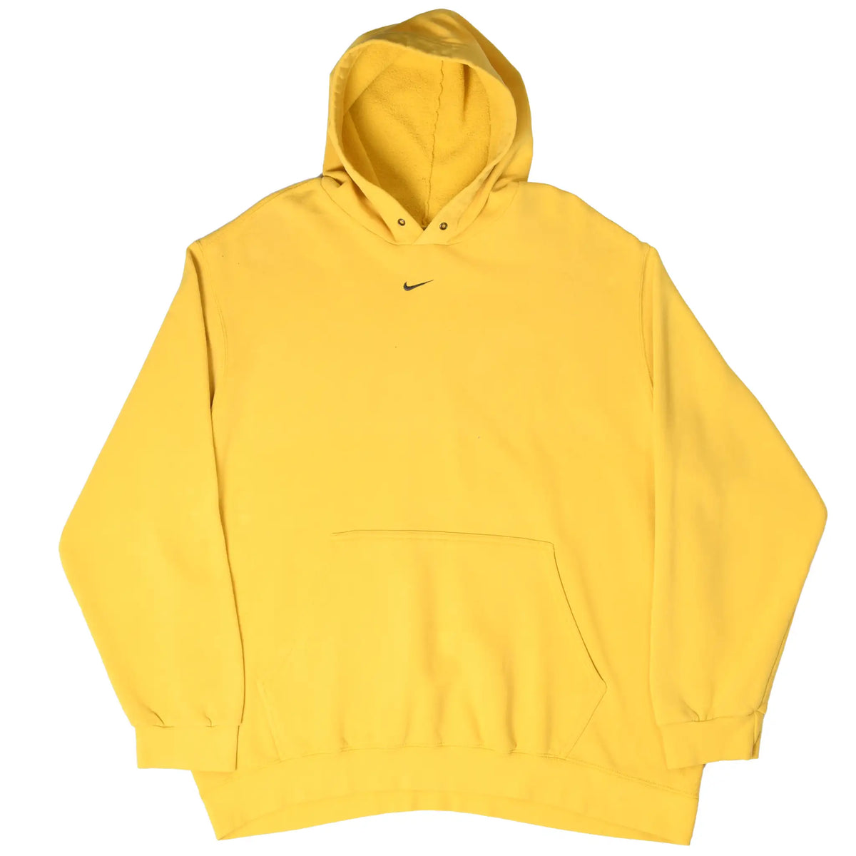 Front view of yellow Nike center Swoosh hoodie with long sleeves and pouch pocket