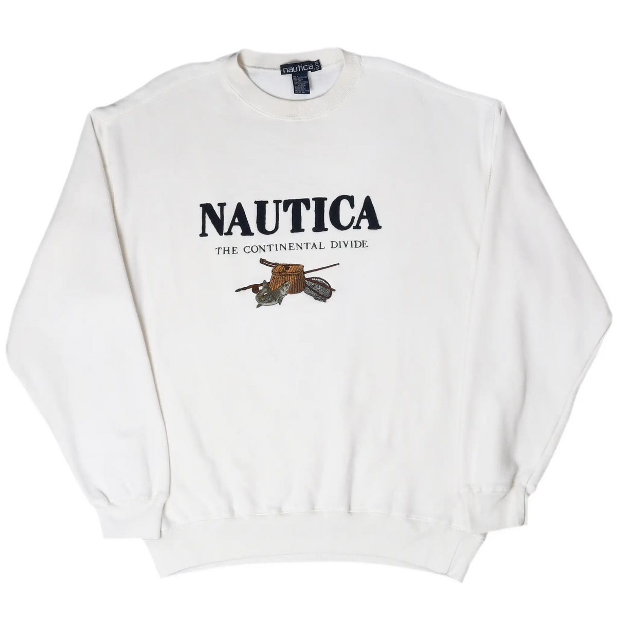 White Nautica crewneck sweatshirt laid flat, showing front fishing graphic