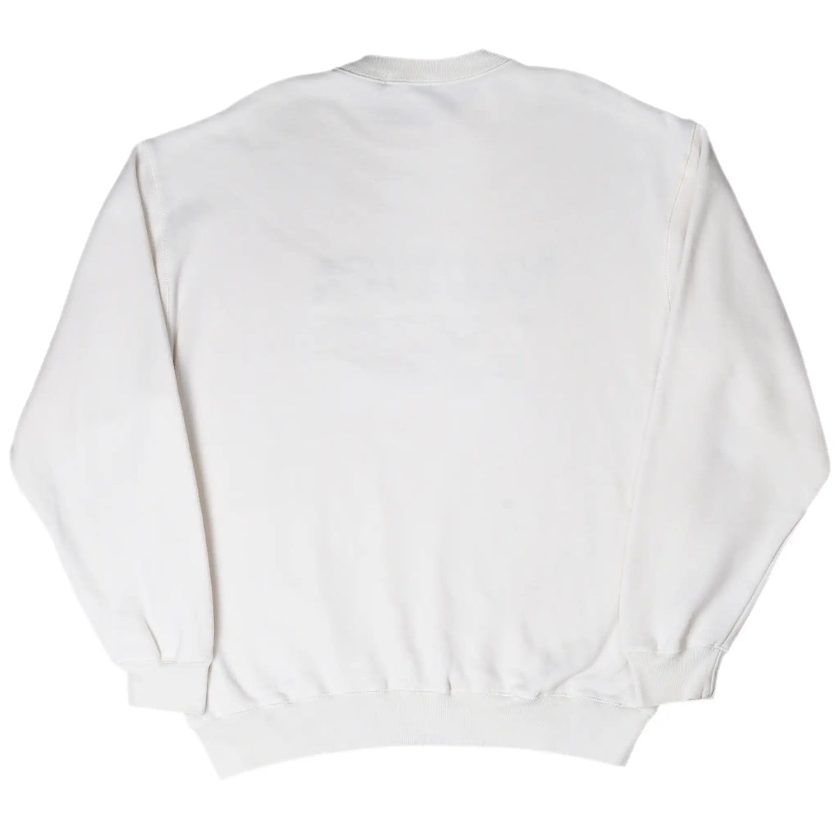 Back of plain white Nautica crewneck sweatshirt with ribbed cuffs and hem
