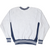 Back of grey Kansas University sweatshirt with navy side panels and striped ribbed trim