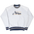 Full front of gray Michigan sweatshirt with navy and maize striped collar, cuffs, and hem