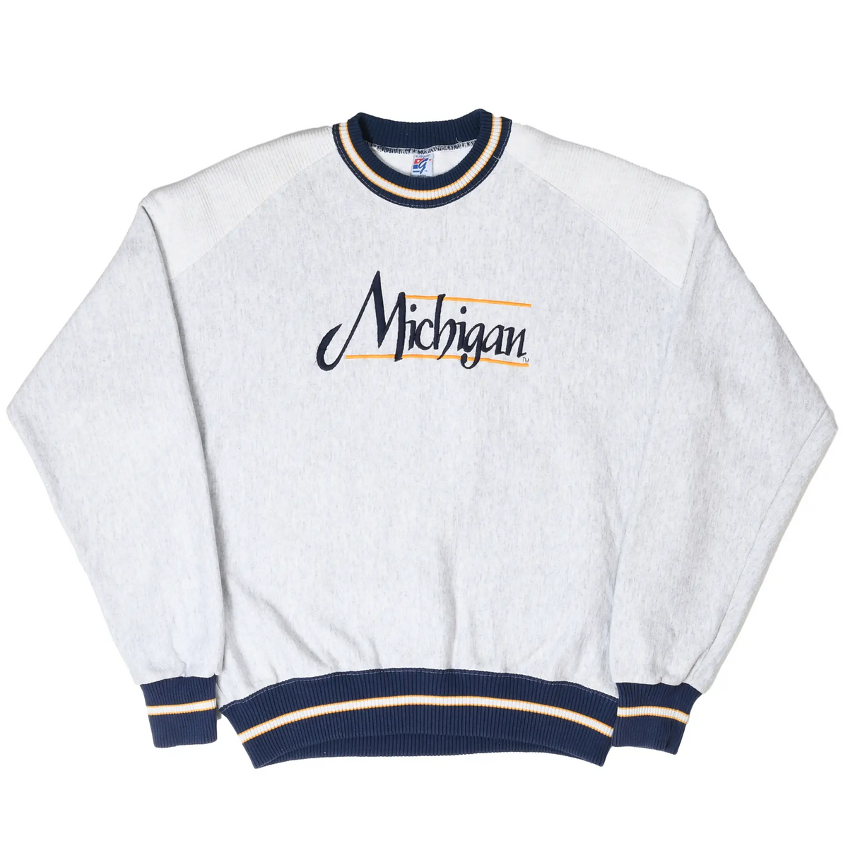 Full front of gray Michigan sweatshirt with navy and maize striped collar, cuffs, and hem