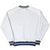 Back of gray Michigan sweatshirt with navy and maize striped collar, cuffs, and hem