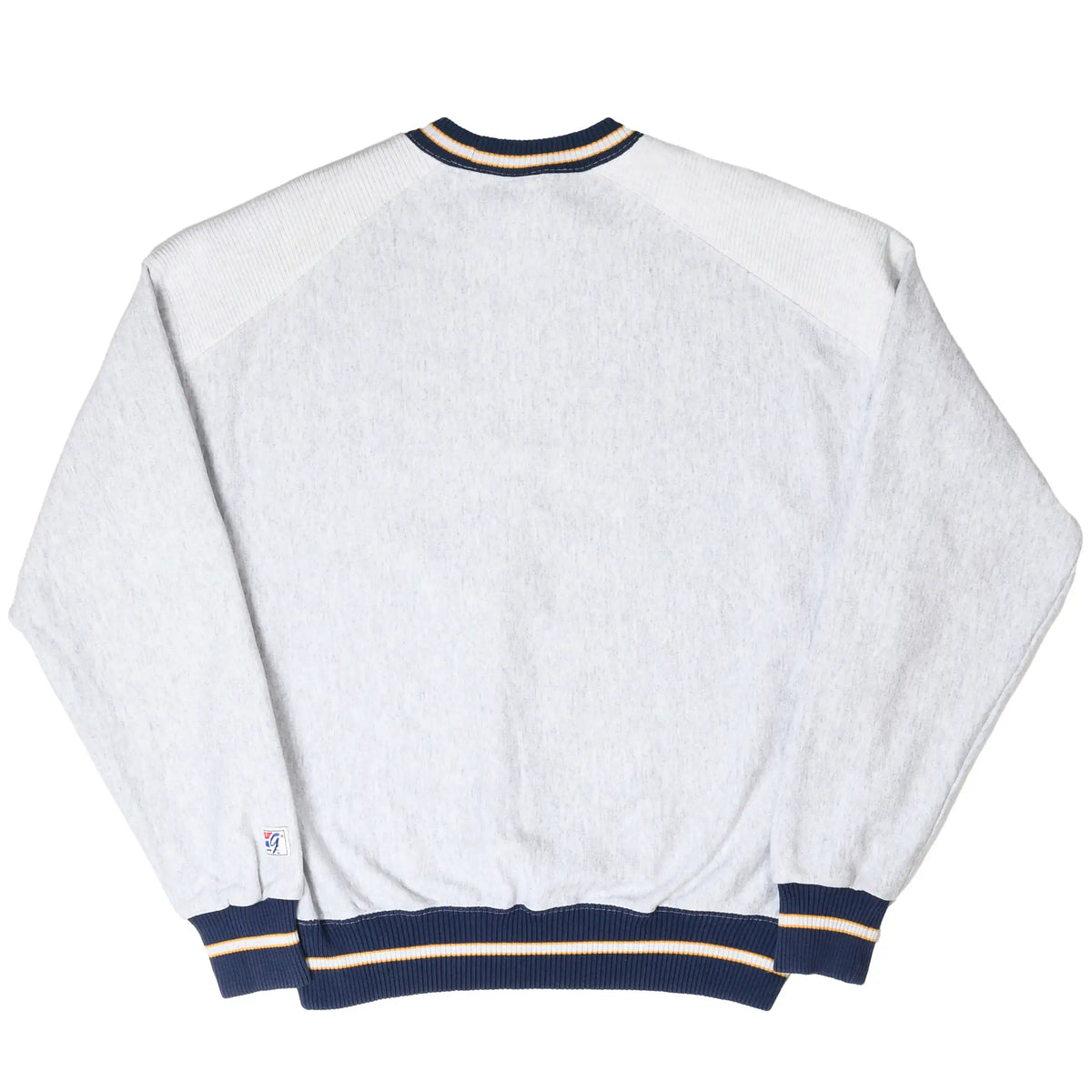 Back of gray Michigan sweatshirt with navy and maize striped collar, cuffs, and hem